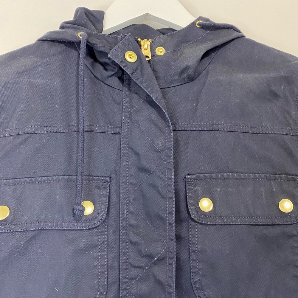 J. Crew Women’s Lightweight Military Style Hooded Jacket Navy Blue Small FLAW - Picture 2 of 10
